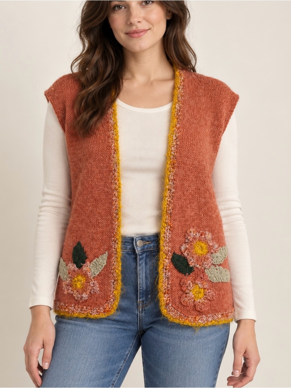 Dorothy Lake Original Floral Knit Sweater Vest Muted Orange Open Front S/M